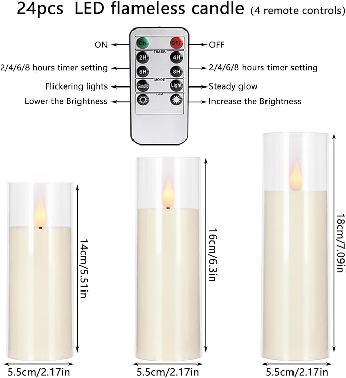24-Pack Acrylic LED Flameless Pillar Candles with Remote & Timer, Battery Powered - Perfect for Indoor/Outdoor Decor,Wedding,BBQ and Gift - Easily Create a Magical Atmosphere.