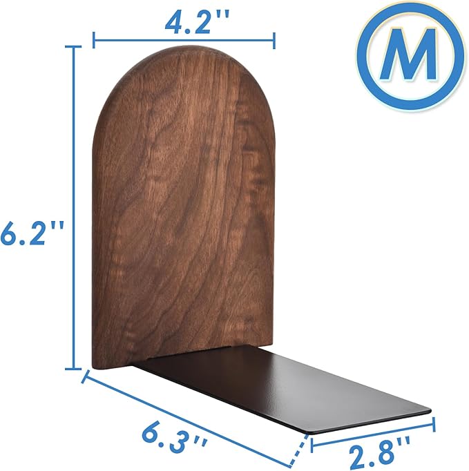 Book Ends, Sturdy Wooden Bookends for Shelves - Heavy Duty Non-Slip Book Organizers, Decorative Bookend Holders for Home Office, Library, Black Walnut Universal Economy Bookend, Medium, 1 Pair