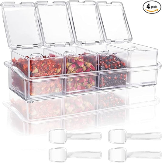 Clear Seasoning Box 4 PCS/Set, Acrylic Seasoning Rack Seasoning Storage Container Condiment Jar Spice Box Spice Jar Spice Pot Spice Rack with Spoon & Lid & Tray for Salt Pepper Sugar (#A)