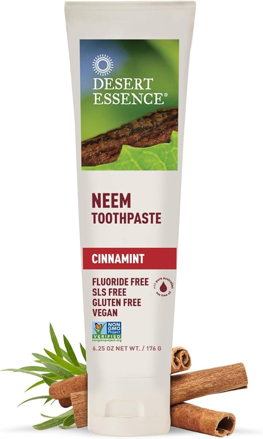 Desert Essence Natural Neem Toothpaste - Cinnamint - 6.25 Oz - Pure Essential Oil - Baking Soda - Complete Oral Care - Sea Salt - Refreshing Taste - Promotes Buildup Reduction