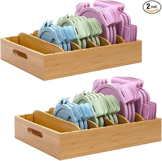 2 Pack Bamboo Lid Holder Food Container, Kitchen Organizer with 5 Adjustable Dividers, Cabinet Organizer for Food, Kitchen Gadget, Container Lids