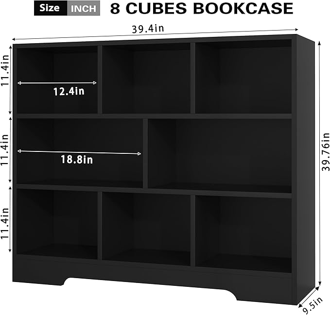 Book Shelf, 8 Cubes Storage Organizer, Freestanding Black Bookshelf Cube Shelf for Bedroom, Living Room, Home Office, 3-Tier Open Shelf Wooden Bookcase