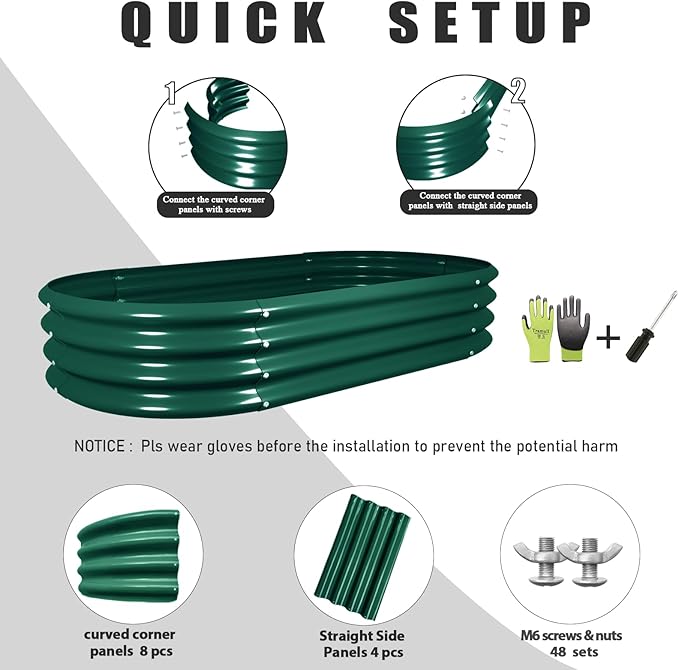 2 Pack 4x2x1FT Galvanized Raised Garden Bed Kit Oval Metal Ground Planter Box Outdoor Bottomless Planter Raised Beds for Vegetables Flowers Herbs Fruits, Green