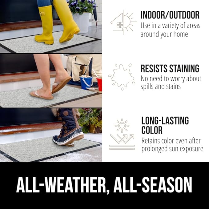 GORILLA GRIP 100% Waterproof All-Season WeatherMax Doormat US Designed Natural Rubber, Stain and Fade Resistant, Low Profile Indoor Outdoor Door Mats, Easy Clean Patio Mat, 17x29, Light Gray