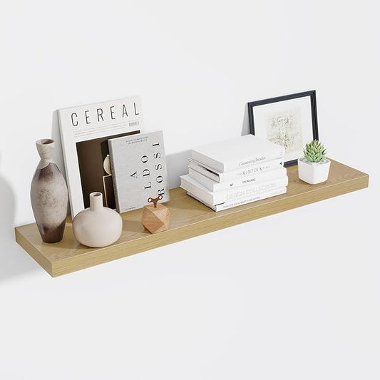 Fun Memories 48 Inch Floating Shelves for Wall - 10 Inch Deep Fireplace Mantel Shelf - Wood Floating Shelves for Wall - Large Storage Shelves Wall Mount for Living Room & Bedroom - Oak - Set of 1