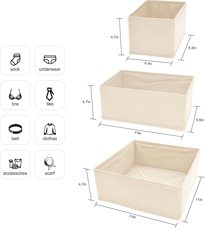 6 Pack Drawer Organizers for Clothing,Fabric Foldable Closet Organizers and Storage Dresser Drawer Dividers Storage Basket Bins for Clothes,Socks,Scarves,Ties,Underwear,Towels