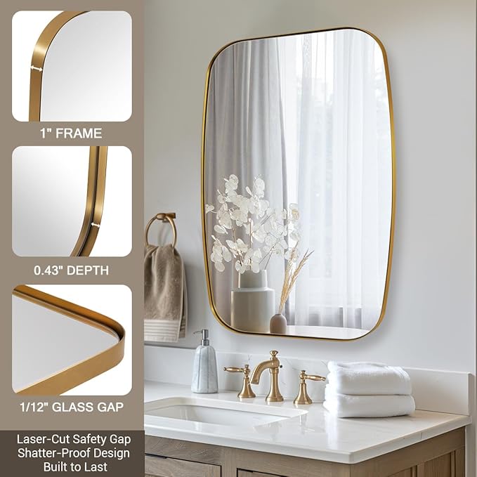 ANDY STAR 30x40” Gold Bathroom Mirror, Oblong Brass Mirror with Stainless Steel Metal Frame, Brushed Gold Oval Vanity Mirror for Over Sink, Modern Anti Rust Wall Mounted