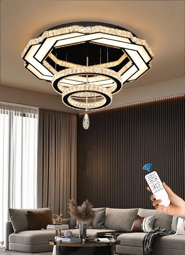 Flashing God Dia 32" Modern Crystal Chandelier Crystal Black Ceiling Light Fixtures LED Flush Mount Ceiling Light for Living Room Bedrooms Dining Room Dimmable 2700k- 6000k