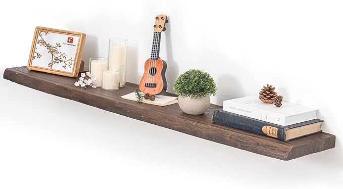 Floating Shelves for Wall, 48"x9.3" Rustic Solid Live-Edge Elm Wood Wall Shelves, Heavy-Duty Floating Shelves with Invisible Brackets, Set of 2 for Living Room, Bedroom, and Kitchen, Walnut Finish