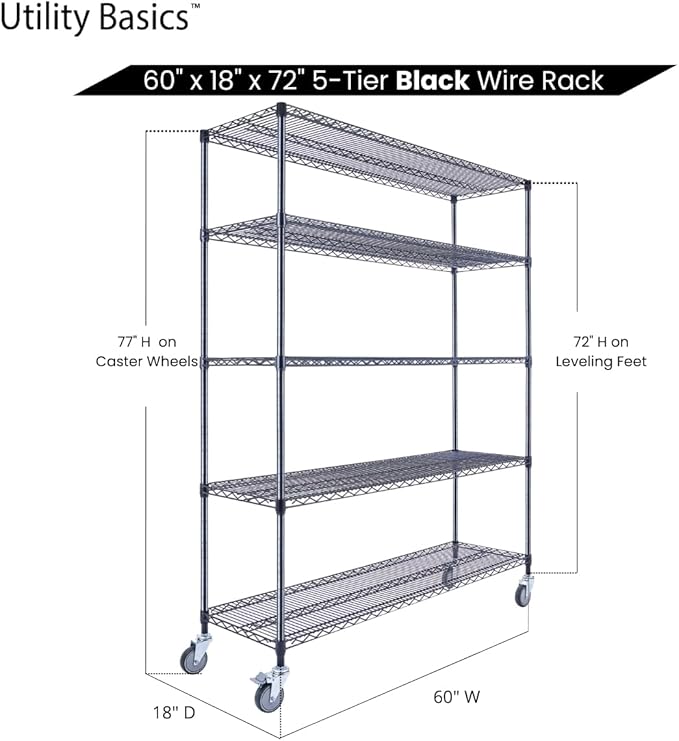 60"x18"x72" Black 5-Tier Premium Wire Shelving NSF 4000 LBS MAX Capacity Heavy Duty Steel Storage Rack for Warehouses, Garages, Hospitals, Commercial Spaces, & Schools w/Premium Wheels