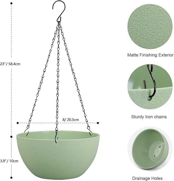 8 inch Small Hanging Planters Plant Pots for Indoor Outdoor Plants, 2 Pack Hanging Flower Pots with Drainage Holes and Chain for Garden Porch, Plastic Hanging Baskets for House Plants, Green