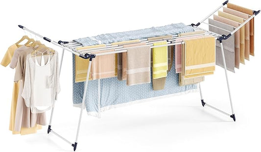 APEXCHASER Clothes Drying Rack Foldable, Large Drying Rack for Clothing Retractable, Winged Laundry Rack Folding Indoor Outdoor, Metal Clothes Airer for Bedding Towel Sweater Heavy Duty, White