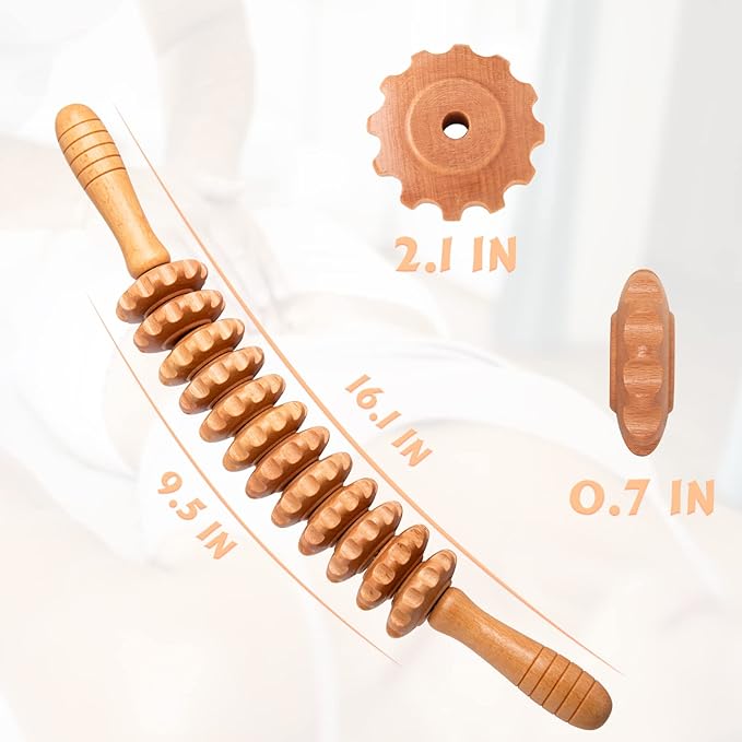 Curved Wood Therapy Massage Roller Tools,Lymphatic Drainage, Cellulite Massage & Wooden Muscle Roller Stick for Waist and Thigh, Stomach Rolling Massager Tool （with White Box）