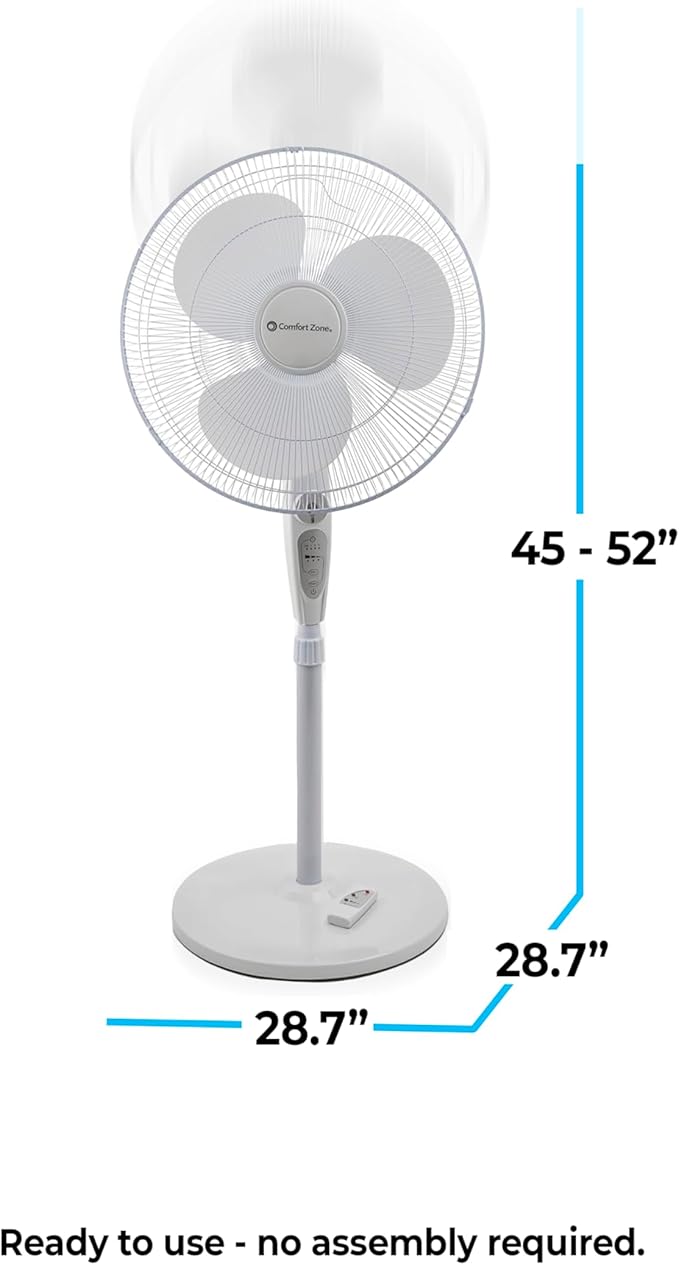 Comfort Zone 18-Inch Oscillating Pedestal Fan with Remote Control, 3-Speed Standing Fan with Adjustable Height (45–52”), Tilt, 4-Hour Timer & Auto Shutoff – Quiet Bedroom Fan, White