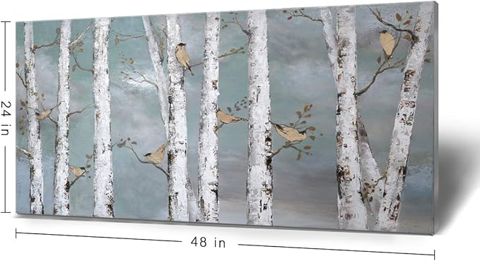 amatop Large Tree Wall Art Hand-Painted Landscape Forest Oil Painting Gallery Wrapped Framed Canvas Gold Bird Artwork 'White Birch at Night' for Living Room Bedroom Office Decor Teal White 48"x24"
