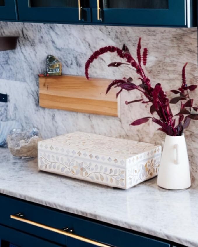 Decorative Storage Box Of Mother Of Pearl Inlay Floral Design Wooden Storage Box For Home Decoration For Living Dining & Bedroom (White_9x6x3.5 inch)