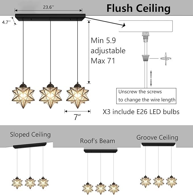 Farmhouse Modern Glam Chandelier Dining Room Clear Glass Star Pendants Light Fixture Kitchen Island LED Ceiling Hanging Lights Included Warm Light Bulbs Black