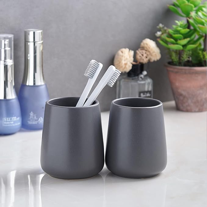 Grey Toothbrush Holder for Bathroom - Ceramic Tooth Brushing Holders, Toothpaste Holder, Reusable Toothbrush Mouthwash Cup, Space-Saving Design for Bathroom Countertop