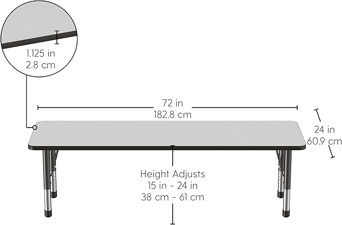 FDP Rectangle Activity School and Classroom Kids Table (24 x 72 inch), Chunky Toddler Legs, Adjustable Table Height 15-24 inches - Gray Top and Black Edge