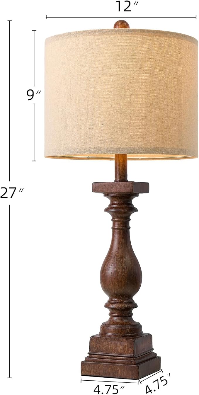BOBOMOMO 27" Farmhouse Living Room Lamps with USB-A +C Ports, Vintage Rustic Bedside Night Stand Lamps Set of 2, Linen Shade, Retro Side Table Lamps for Living Room, Bedroom, Office, Home Decor