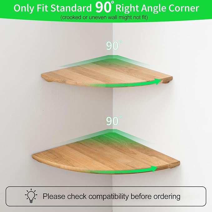 Corner Shelves, Floating Corner Shelf, Set of 2 Solid Oak Wood Wall Shelves, Round End Wall Mount with Wire Hole Shelving for Small Plant for Bedroom Kitchen, Living Room (Oak, 7.1in 2P)