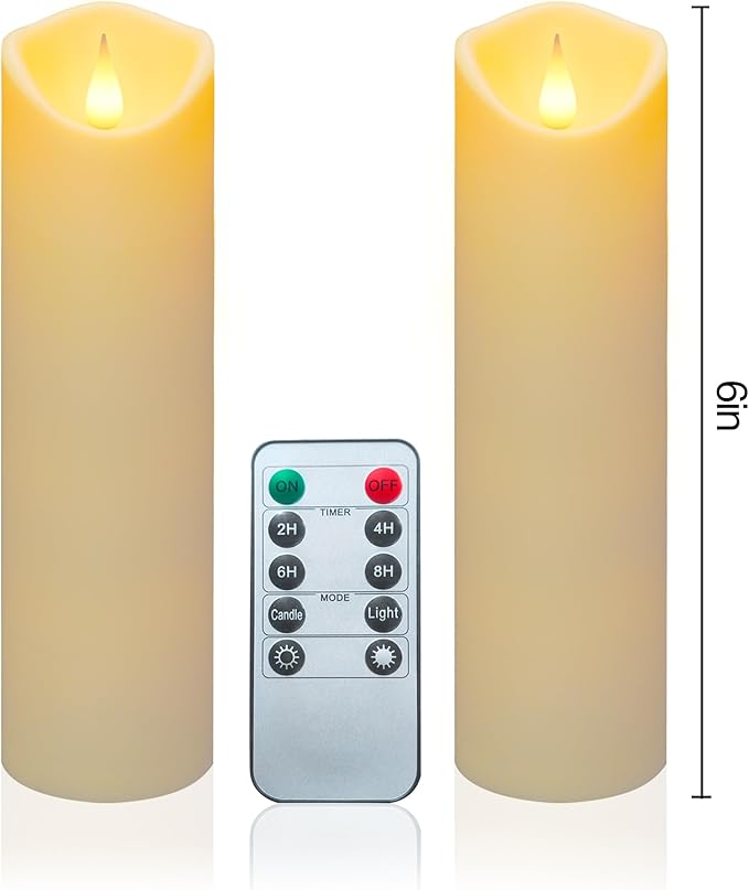 Aignis 2pcs Flameless LED Candles Battery Operated with 10-Key Remote Timer, Indoor Heat Resistant, 3D Wick with Warm Flickering Glow for Cozy Home/Wedding/Holiday Décor (D 2.2" x H 6")