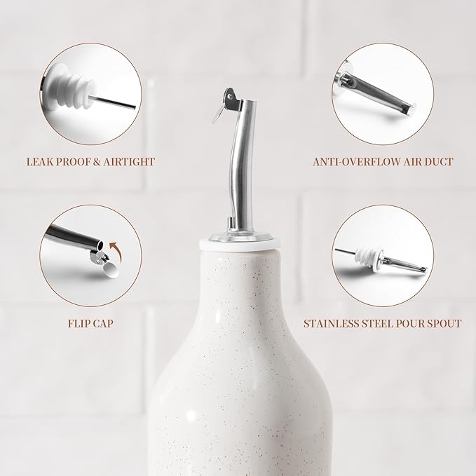 famiware Milkyway 16oz Ceramic Olive Oil Dispenser Bottle, Olive Oil and Vinegar Dispenser Bottle Set of 2 with Stainless Steel Pourers, Suitable for Storage Vinegar, Soy Sauce, Liquids, White