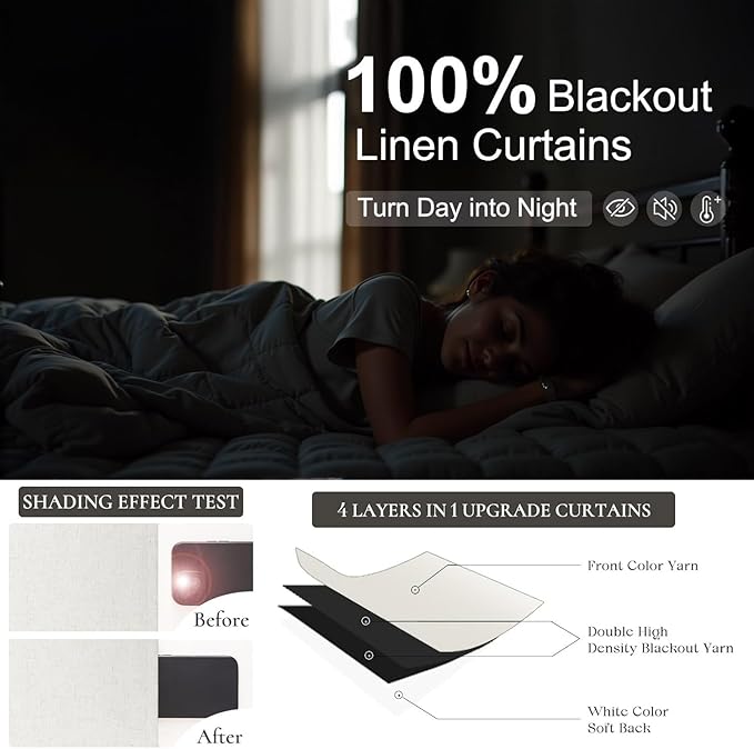 Elegant 100% Blackout Curtains 92 Inches Long for Living Room 2 Panels Set Room Darkening Energy Saving Curtains Window Coverings Cream Flax Linen Back Tab Pleated Drapes Aesthetic Bedroom 92 Length