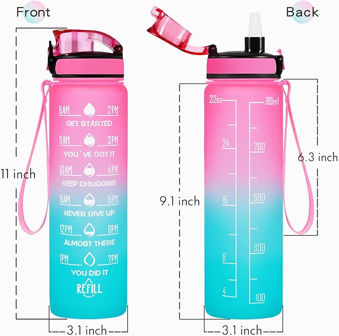 Enerbone Water Bottle, Leakproof BPA & Toxic Free, Motivational Water Bottle with Times to Drink and Straw, Fitness Sports Water Bottle with Strap for Office, Gym, Outdoor Sports