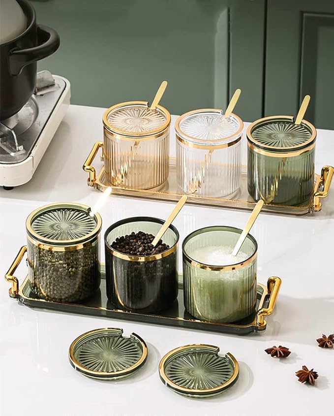 Acrylic Condiment Spice Jars,Condiment Spice Box With Lids and Spoons and Tray,Clear Plastic Condiment Canisters,Seasoning Box 6 Pack,Seasoning Box Set for Kitchen to Storage Salt,Paprika,Sugar