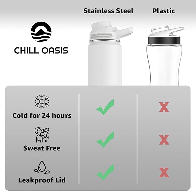 Chill Oasis Water Bottle | Compatible With Popular Flavor Cartridges | BPA Free, Leak Proof, Double-Walled Vacuum Insulated Stainless Steel, and Dishwasher Safe | Cold for 24 Hours (White, 12oz)