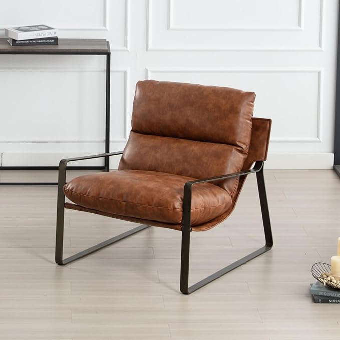 DUOMAY Mid-Century Accent Chair Armchair, Comfy PU Leather Leisure Chair Lazy Chair with Brozen Metal Leg for Living Room Bedroom Office Apartment, Brown