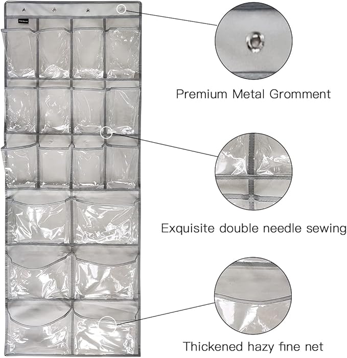 2 Pack Extra Large Hanging Crystal Clear Over Door Shoe Organizers, Closet Shoe Rack Organizer, 12+6 Pockets, 8 Hooks, Grey (59" x 21.6")