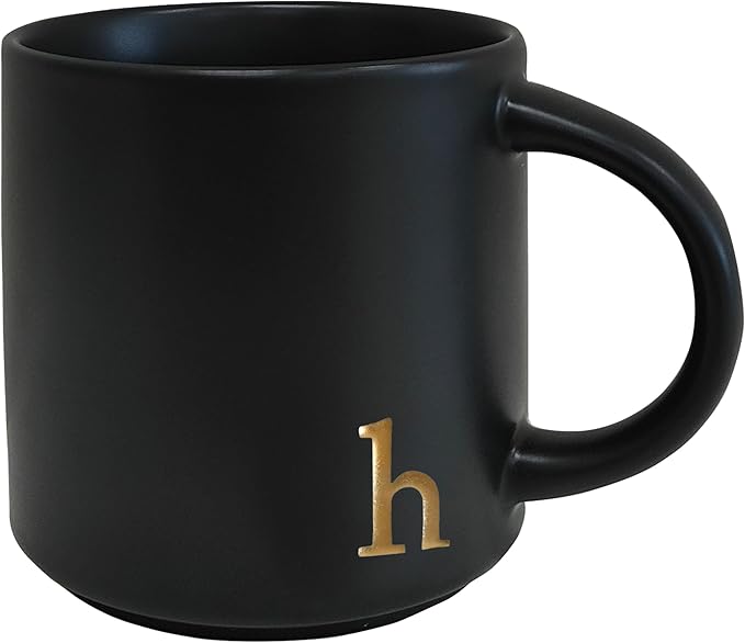 COLLECTIVE HOME - Black Monogram Ceramic Mugs, 15 oz Golden Initial Coffee Cups, Elegant Alphabet Tea Mugs, Personalized Halloween Mug with Gift Box, Perfect for Office and Home Décor (h)