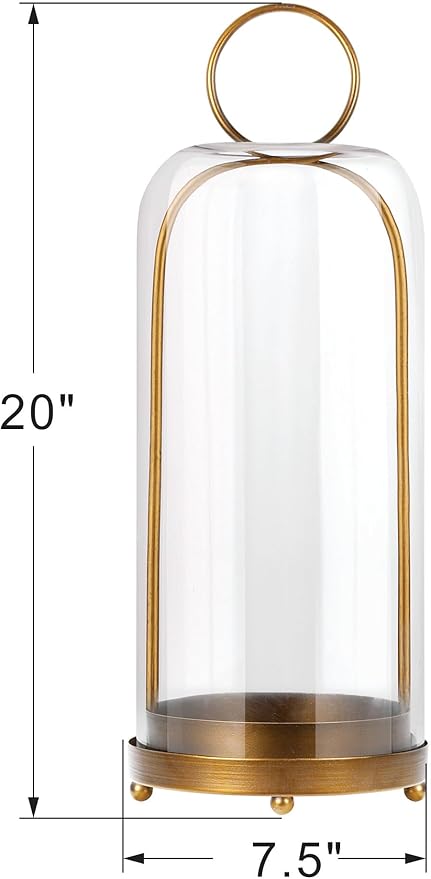 20" High Versatile Modern Metal Hurricane Lantern with Handmade Sturdy Glass Dome for Pillar Candle & Plants (Brass, 7.5"x20")