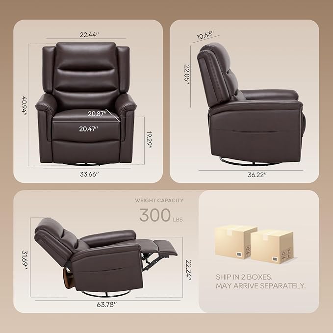 COLAMY Oversized Leather Recliner Chair, 360°Swivel Rocking Manual Recliner with Thick Cushioned Padding Backrest and Wide Seat - Darkbrown