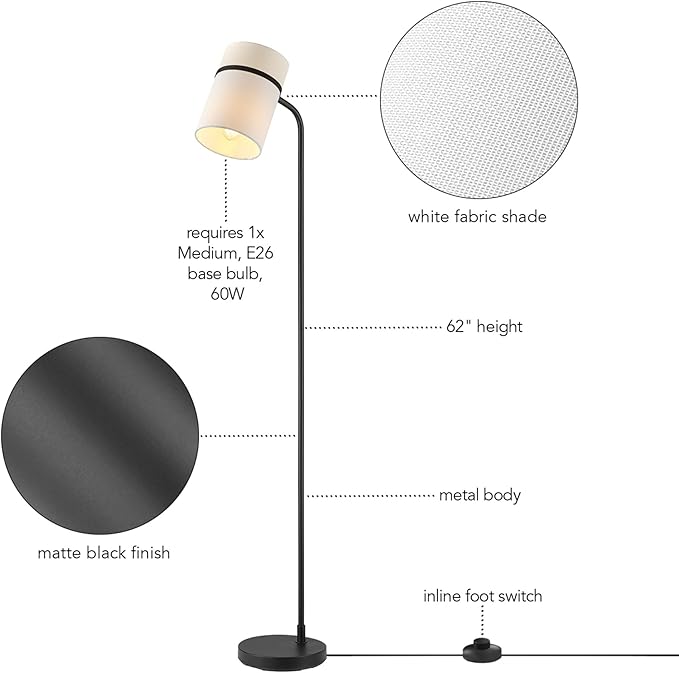 GLOBE Electric 61000145 62" Floor Lamp, Matte Black, White Fabric Shade, in-Line of/Off Foot Switch, 6-Foot Black Cord, Reading Light, Bedroom, Living Room, Home Decor