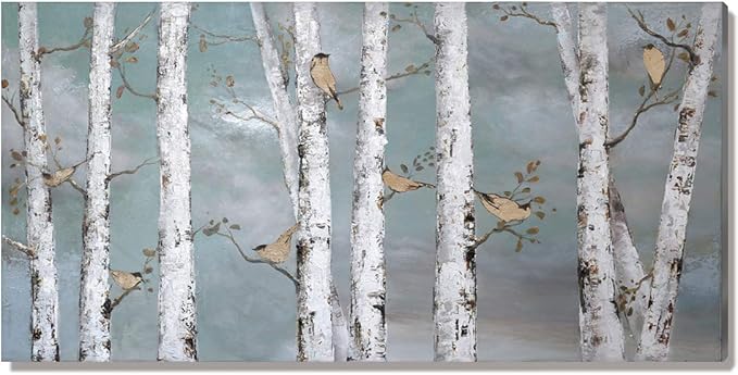 amatop Teal Wall Art 100% Hand-Painted Landscape Forest Oil Painting on Canvas Original Framed Artwork Gold Bird Birch Tree Artwork White Birch at Night for Living Room Bedroom Office Decor 32x16inch