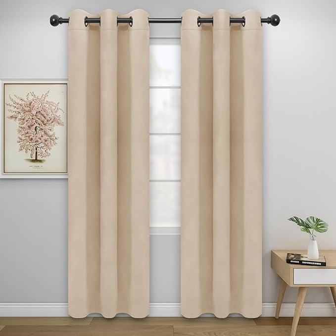 Easy-Going Blackout Curtains for Bedroom, Solid Thermal Insulated Grommet and Noise Reduction Window Drapes, Room Darkening Curtains for Living Room, 2 Panels (34x72 in, Beige)