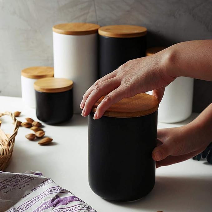 Ceramic Food Storage Jar Canister Modern Design Food Canisters with Airtight Seal Bamboo Lid, Loose Tea Coffee Spice Nuts Snacks Storage Jar Canister (Black 27.05oz/800ml)