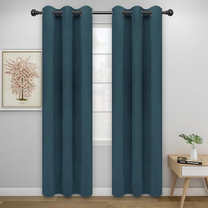 Easy-Going Blackout Curtains for Bedroom, Solid Thermal Insulated Grommet and Noise Reduction Window Drapes, Room Darkening Curtains for Living Room, 2 Panels (34x84 in, Bluestone)