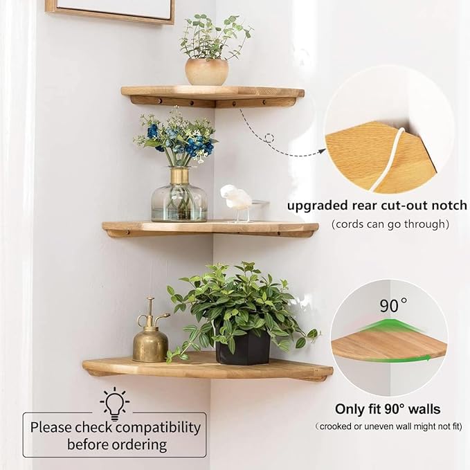 Corner Shelves, Floating Corner Shelf, Set of 2 10inch Solid Oak Wood Corner Wall Shelves, Round End Wall Mount Display Shelf with Wire Hole for Bedroom Kitchen, Living Room