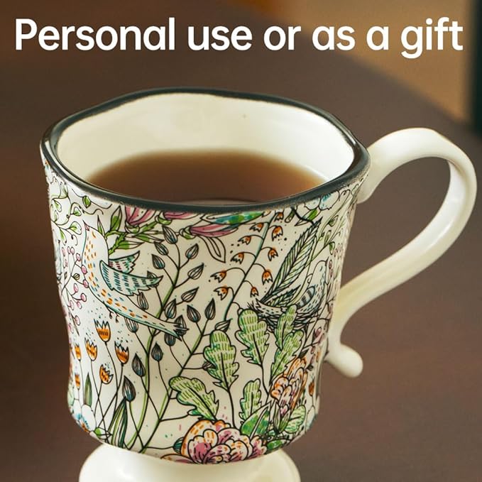 360ml -12.17oz Painted Garden floral Ceramic Mug - Cute Espresso Latte Shot Cup - Gift for Women, Dishwasher Safe