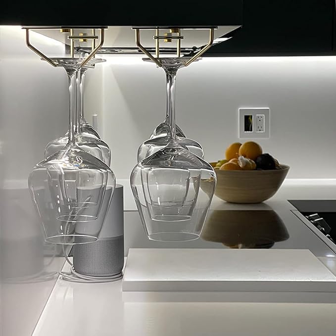 10.8 Inch Gold Wine Glass Rack, Under Cabinet Wine Glass Holder, Wine Glass Hangers Under Shelf, Stemware Rack, Hanging Stemware Holder for Cabinet Kitchen Bar, Set of 4