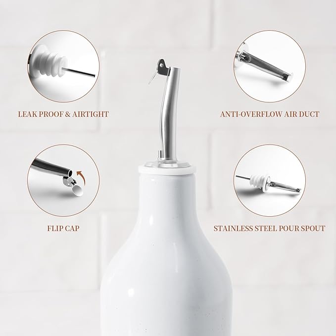 famiware Milkyway 16oz Ceramic Olive Oil Dispenser Bottle, 1 Piece Oil Dispenser for Kitchen with Stainless Steel Pourers, Suitable for Storage Vinegar, Soy Sauce, Coffee Syrup, Liquids, Light Gray