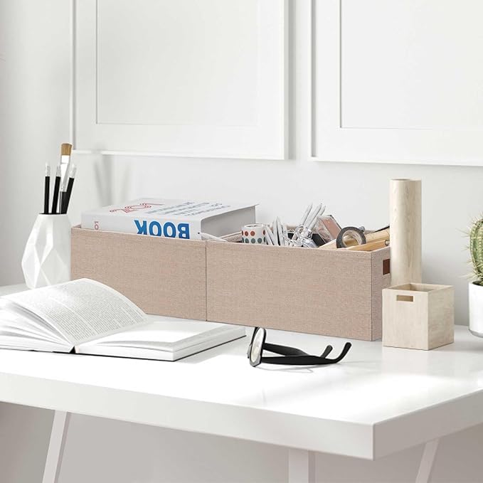 GhvyenntteS Small Fabric Storage Bins 12 Pack, 11.8" x 7.87" x 5.11" Storage Basket with Leather Handles, Closet Storage Bins for Shelves, Storage Baskets for Shelves, DVD Storage (Beige Yellow)