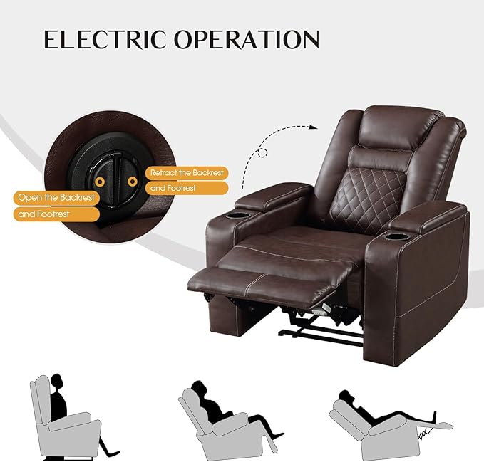 CANMOV Electric Power Recliner Chair Set of 3, Breathable Leather Home Theater Seating with Hidden Arm Storage, Power Recliner Chair with USB Ports and Cup Holders for Living Room,Red Brown