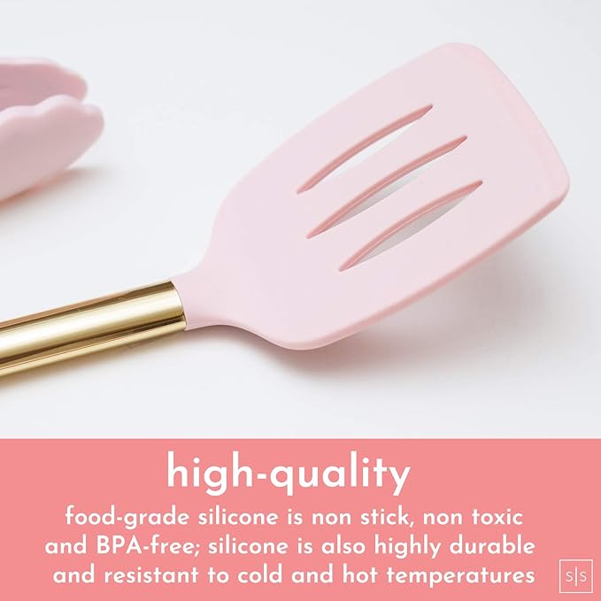 Gold and Pink Kitchen Utensil Set with Holder - 7-Piece Cooking Tools with Gold Whisk, Ladle, Tongs, Turner, Spatula, and Spoon - Stylish Pink Kitchen Accessories for Modern Cooking & Serving