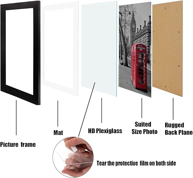 11x14 Picture Frame Set of 6, Display Pictures 8x10 with Mat or 11x14 Without Mat for Wall Mounting,Black