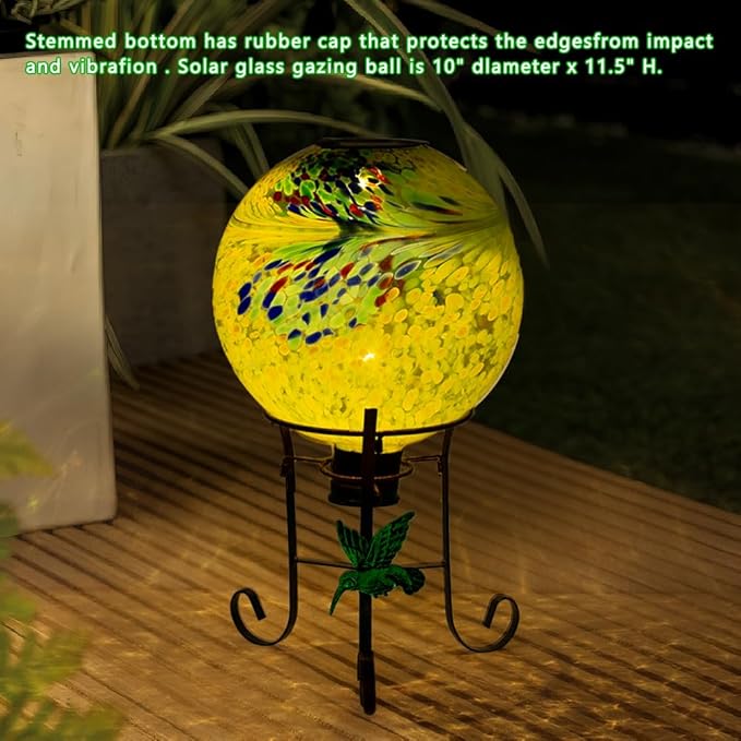 10" Diameter Solar Gazing Ball and 8.5" Metal Stand Indoor Outdoor Glass Globe Sphere Yard Art Ornament Solar Gazing Balls for Garden,Lawn,Porch,Patio Gardening Gift for Women(Yellow)